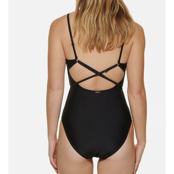 Calvin Klein BLACK Over-the-Shoulder Solid Black One-Piece Swimsuit US 10 NWT - Picture 3 of 4